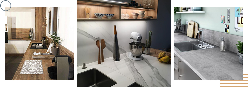 amenagement cuisine avec plan de travail en beton en bois et en marbre